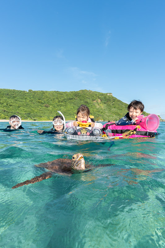 宮古島ウミガメツアーフォトギャラリー|感動の瞬間をあなたの記憶と記録に。 13 宮古島のウミガメを小さなお子様は浮き輪に乗ってウミガメを観察できるウミガメシュノーケリングツアー